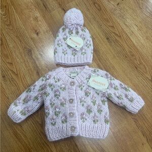 Huggalugs Pink Knit Baby Cardigan & Pom Pom Hat Set